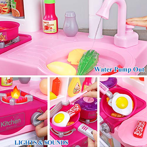 Temi Kitchen Playset Pretend Food - 34 PCS Kitchen Toys for Toddlers, Toy Accessories Set w/ Real Sounds and Light, Suitable Height (Pink)