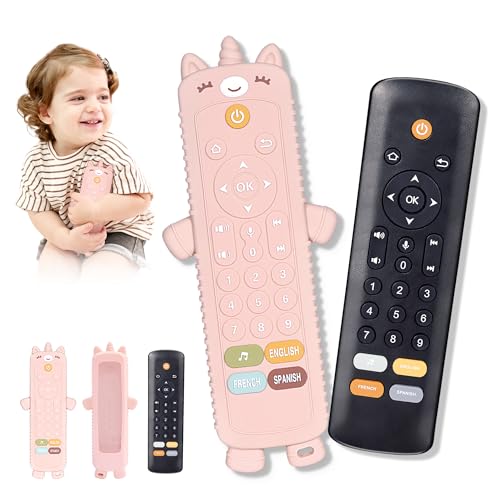 Image of KIRALUMI Baby Remote Control Toy with Silicone Teether Cover - Baby Musical Toys, Early Number Learning in 3 Languages (English, Spanish & French), Preschool Infant Girl Toys 6, 9, 12, 18 Month.