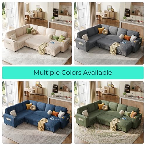 Image of LINSY HOME Sectional Sleeper Sofa Pull Out Couches for Living Room (Green, Sleeper Sofa 4) | Pull Out Sofa Bed, Storage, USB Charging, Cup Holders, Plush Corduroy | Pull Out Sofa Bed