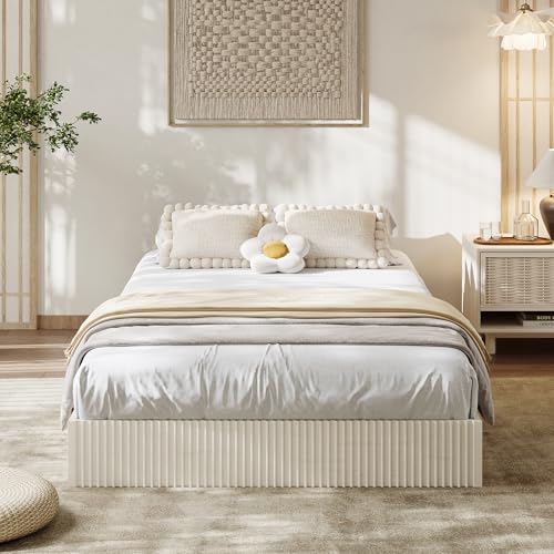 Image of GarveeHome Twin Size Bed Frame, Wood Platform Bed, Fluted Bed Frame, Minimalist Bed Base with Low Profile Design, Noise-Free, Easy Assembly, No Box Spring Needed, Cream White