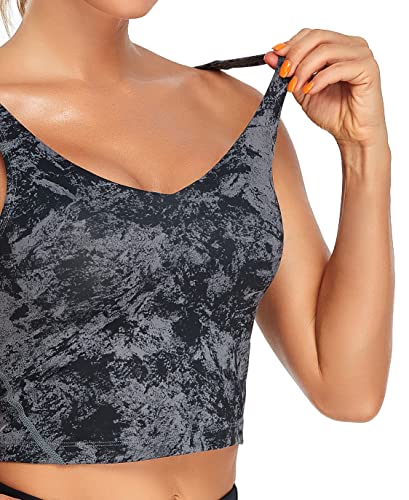 Image of Oalka Sports Bra Womens Longline Padded Crop Yoga Tank Tops | Built in Bras, Workout, Athletic, Fitness, Super Soft, Comfort, Cropped Top, Removable Pads, Heart Neckline For Women