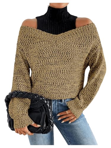 MakeMeChic Women's Fall Fashion 2025 Cold Shoulder Sweaters Long Sleeve Knitted Oversized Turtleneck Sweaters