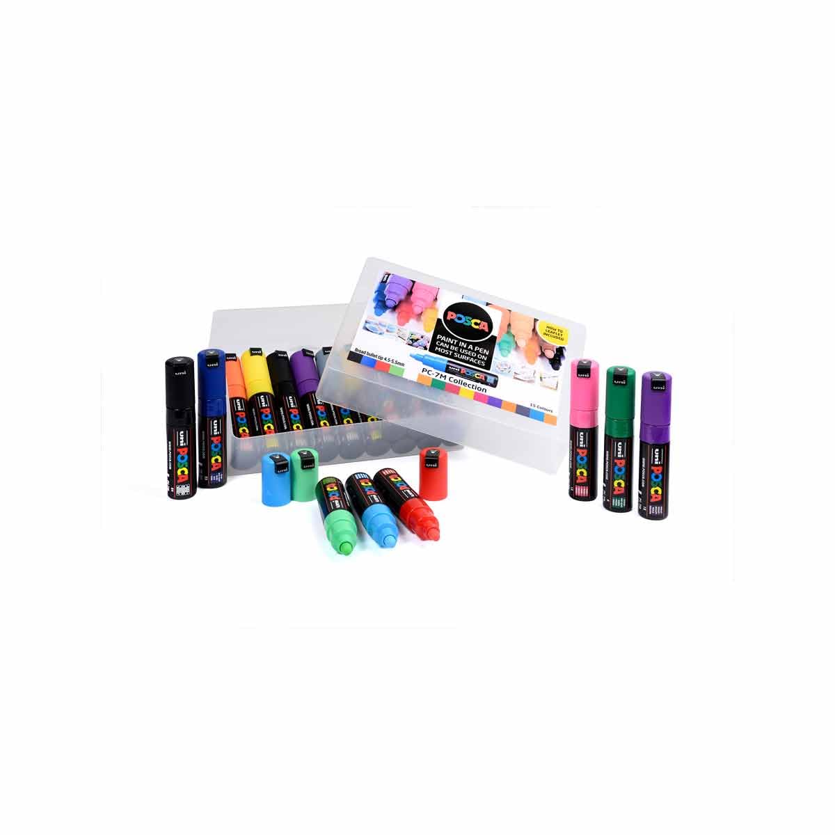 POSCA PC-7M - Pennarelli indelebili a vernice, punta larga per arte e artigianato, multi superficie su legno, metallo, carta, tela, cartone, vetro, tessuto, ceramica, pietra, porcellana, set da 15
