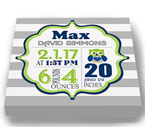 Personalized Stretched Canvas, Striped Birth Announcement, Custom Baby Name, Date, Weight Stats, Safari Owl Nursery Wall Decor, Wooden Frame Construction, Ready to Hang 24X24
