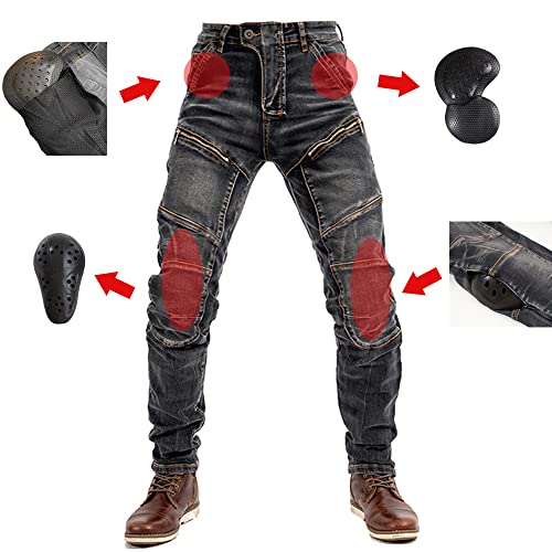 LOMENG Motorcycle Riding Jeans with Kevlar Motorbike Racing Pants with CE Knee Hip Removable Armored for Men Black 32