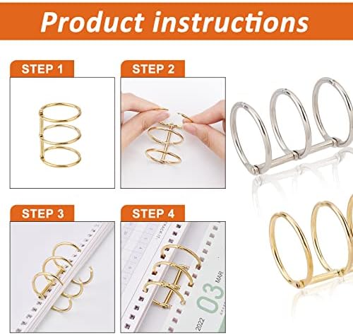 NBEADS 20 Pcs 3 Ring Metal Loose Leaf Binders, 26mm Book Rings Snap Split Hinged Metal Binder Rings for DIY Travel Diary, Photo Album, Binding Spines Combs (Silver, Gold)