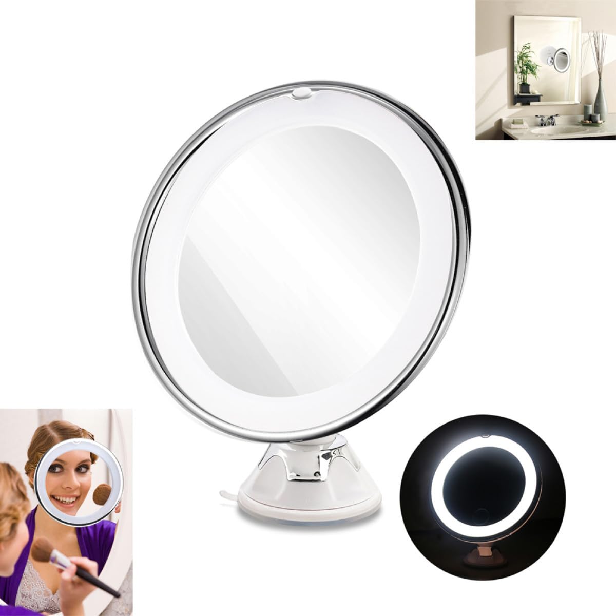 Ipetboom Kosmetikspiegel LED mit 10-facher Vergrößerung Runder Make Up Spiegel aus Glas in Weiß mit Saugnapf für Bad und Reise Beleuchteter Tragbarer Schminkspiegel für Damen und Herren