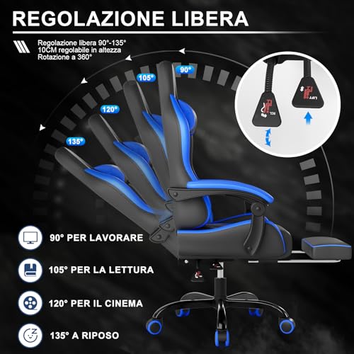 Devoko Sedia da Gaming Massaggiante con Poggiapiedi Telescopico, Sedia Gamer con Cuscino Lombare Massaggio & Poggiatesta, Ergonomico Sedie da Ufficio Schienale Regolabile 90-135°, Portata 150kg(Blu) - Immagine 5
