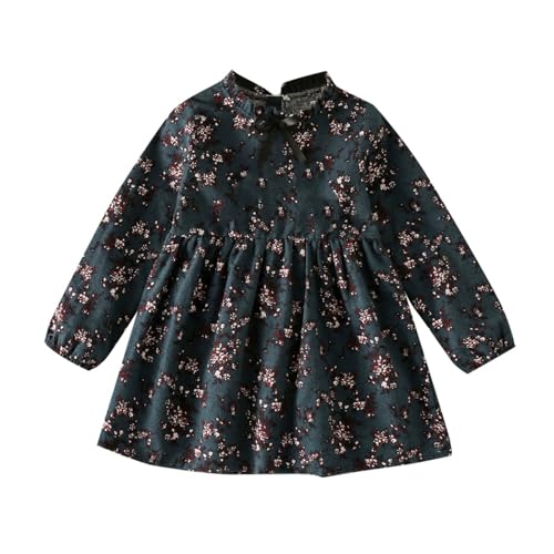 Vestido de manga larga con cremallera y estampado floral para niñas, Verde militar., 5-6 años