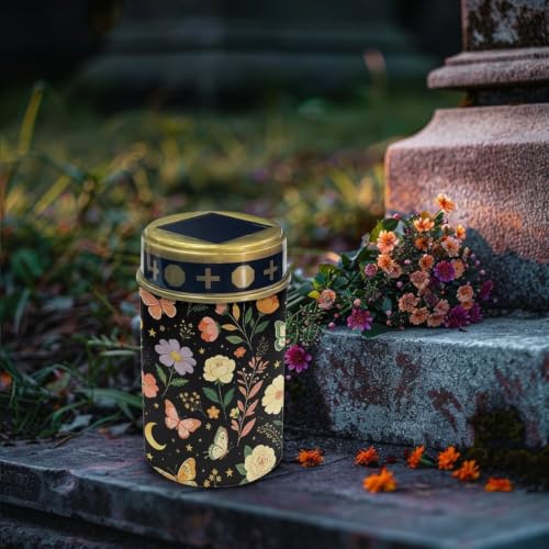 Image of Poceacles Solar Pathway Lights Outdoor Grave Solar Lights Outside Waterproof Cemetery Flameless Candles Outdoor Grave Candle Markers Eternal Decor, Butterfly Floral Print Black
