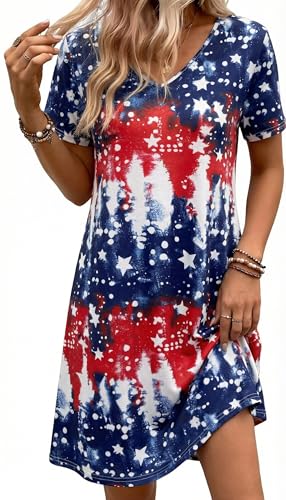 Image of MYHALF 4th of July Patriotic Dress for Women - American Flag V Neck T Shirt Dress Red White and Blue Summer Dresses