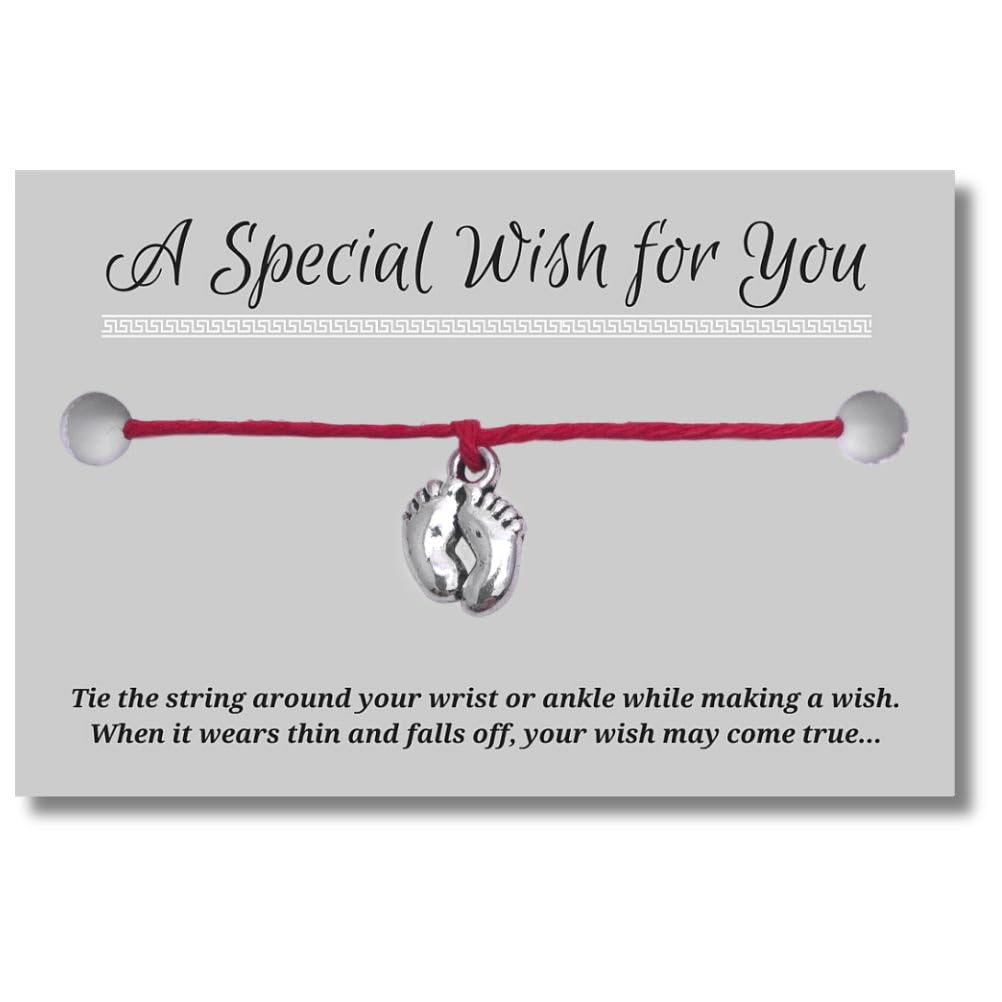 Baby Feet Charm Red Wish Bracelet, Hemp with Tibetan Silver Charm on Printed Card, Adjustable 12 inches long, Friendship Anklet, Gift Idea for New Mum