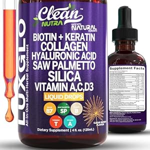 Biotin Liquid Drops Collagen Keratin Hyaluronic Acid Saw Palmetto for Hair Skin and Nails Silica Vitamin A C Vitamin D Bamboo Turmeric Zinc Folate Magnesium Horsetail LuxGlo by Clean Nutra