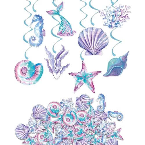 Culinavog 100 Unidades de Decoraciones de Sirenas para Cumpleaños, más 8 Colgantes en Espiral, Kit de Fiesta Submarina con Corales, Conchas y Caballitos de Mar, Ideal para Fiestas Temáticas de Niño