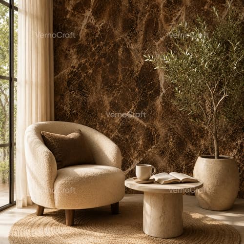 Image of Marble Aluminum Foil Kitchen Stickers Oil-Proof Waterproof Self Adhesive Wallpaper PVC Bathroom Wall Stickers Contact Paper Autumn Brown Marble (Dark Brown) (60CM X 200CM)(Pack of 1)