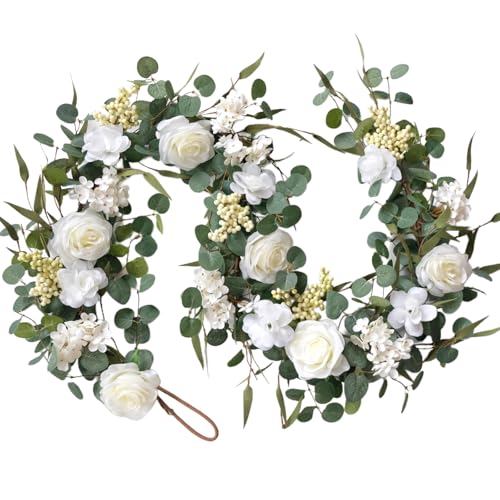 TEMPUS 6Ft Artificial White Peony Garlan for Front Door with Hydrangea Green Leaves Spring Garland for Mantel Party Decorations Valentines Mother's Day Decorations Wedding Party Home Decor