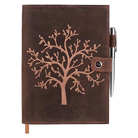 Refillable Leather Journal Lined Notebook - Embossed Tree of Life MOONSTER® Handcrafted Genuine Leather Notebook for Men & Women with Pen Holder Includes Premium-Milled A5 Lined Paper & Silver Pen Cover