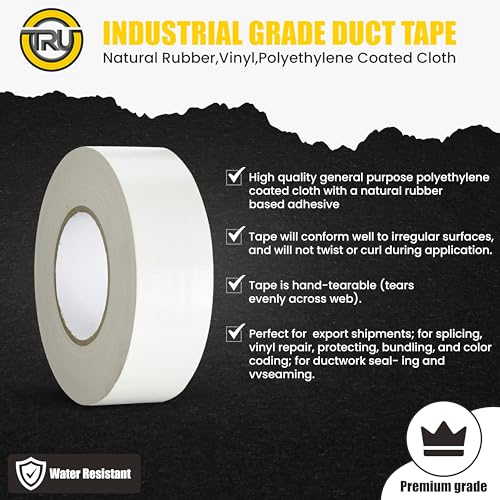 Image of T.R.U. Set of 2 White Durable Duct Tape Rolls, 11 Mil Thickness, 2 Inches by 30 Yards, High Strength, Flexible, No Residue, Water-Resistant and Tearable by Hand, Versatile for Indoor and Outdoor Use