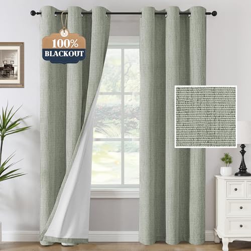 Image of H.VERSAILTEX 100% Blackout Curtains Linen Textured Chenille Curtains Thermal Insulated Curtain Panels with White Flocking Coating Back, 42" W x 84" L, Heathered Sage(Not Solid)