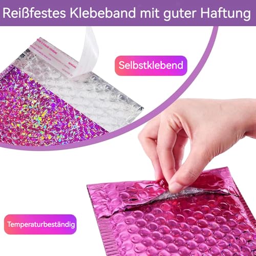 EOGRFW 50 Stück Luftpolsterumschläge Holographisch, Wasserdichte Gepolsterte Umschläge, Selbstklebende Luftpolstertaschen, Luftpolster Versandtaschen für Versand und Verpackung, Rosenrot, 3 Größe
