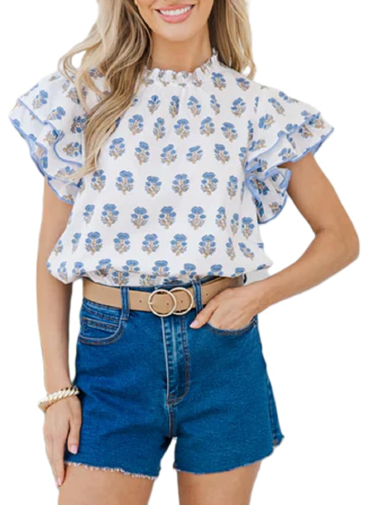 Women Y2K Floral Peplum Top Boho Ruffle Flutter Sleeve Patchwork Shirt Cute Summer Babydoll Blouse