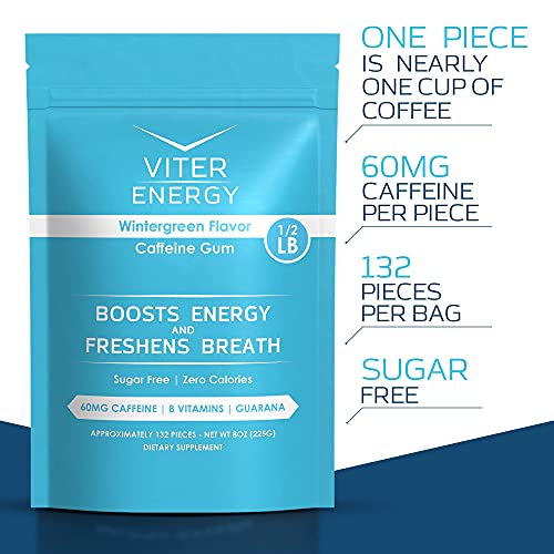Viter Energy Caffeine Gum Wintergreen & Cinnamon 1/2 Pound Bulk Bag Bundle - 60Mg Caffeine, B Vitamins, Guarana, Sugar Free Vegan Chewing Gum, Zero Calories. Nootropic Chews For Powerful Focused Boost #TOP1