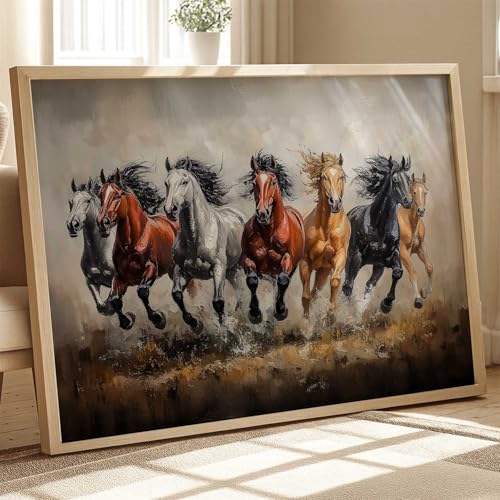 Image of HOTHOUSE Seven Running Vastu Lucky Horse Painting | 7 Horses Vastu Frame Wall Art Painting for Living Room Bedroom Office Home Decor Wall Decor Size (19X25 inch)