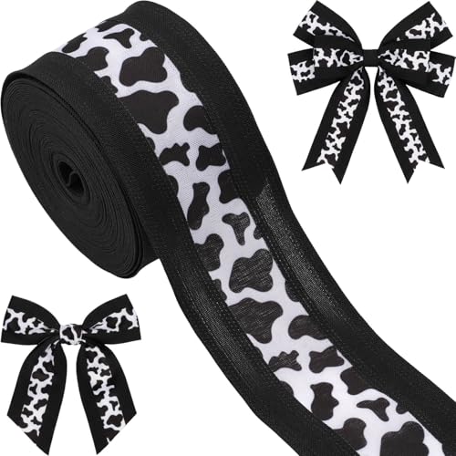 Kutyndrix Cow Print Ribbon with Wired Edge 2.5 Inch x 10 Yards Western Farmhouse Ribbon for Wreath Making Bows DIY Crafts Party Decorations (Black)