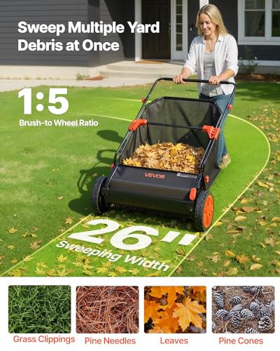 Image of VEVOR Push Lawn Sweeper, 26 in Leaf & Grass Collector with 7 cu. ft. Hopper Bag, Adjustable Brush Height & Spinning Brushes, Heavy Duty Yard Sweeper with Rubber Wheels for Leaves Grass Cleanup