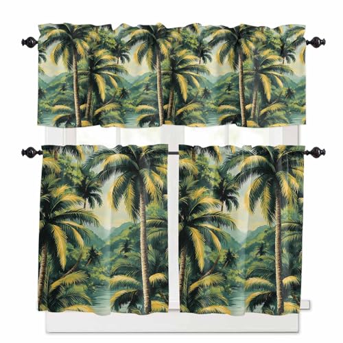 Summer Palm Tree Kitchen Curtains 36 Inch Length,3 Piece Rod Pocket Small Half Tiers and Valance Set,Tropical Plant Leaves Nature Landscape Small Large Window Treatment Decor for Bedroom/Bathroom