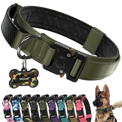 WhoseID Premium Tactical Dog Collar - Adjustable Military Heavy Duty Dog Collar for Medium Large Dogs - Durable Metal Buckle Dog Collar with Leather Control Handle and Soft Comfortable Padding