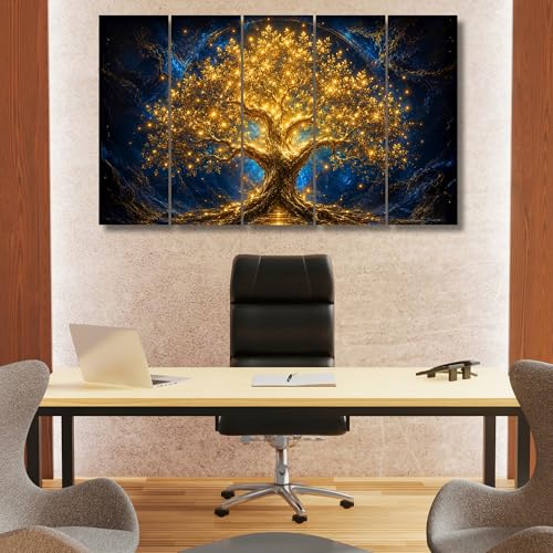 Image of Nozvera Tree of Life Golden 5 Panel Wall Painting | Large 48x24 Inch UV Printed Canvas Art | Glowing Mystical Tree Wall Decor for Living Room, Office, Bedroom | Waterproof Antifade Multipiece Home Decor Gift