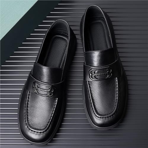 Men's Top Grain Leather Business Casual Loafers Genuine Leather Soft Leather British Style Mid Age Dad Shoes(7.5)2