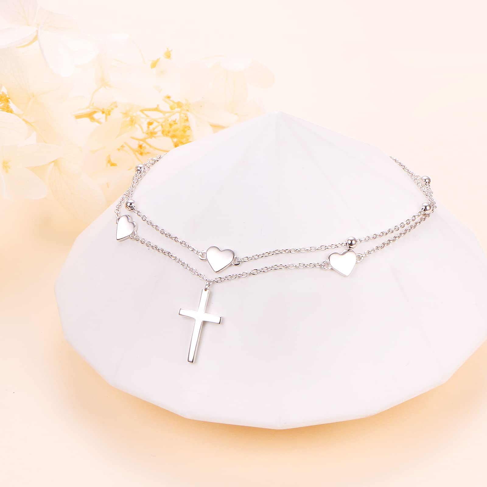 Tobilleras para mujer, de plata de ley 925, pulsera de tobillo con corazón, infinito, cruz, mariposa, tobillera ajustable de doble capa con cuentas, regalo para mujeres, adolescentes y niñas, 8