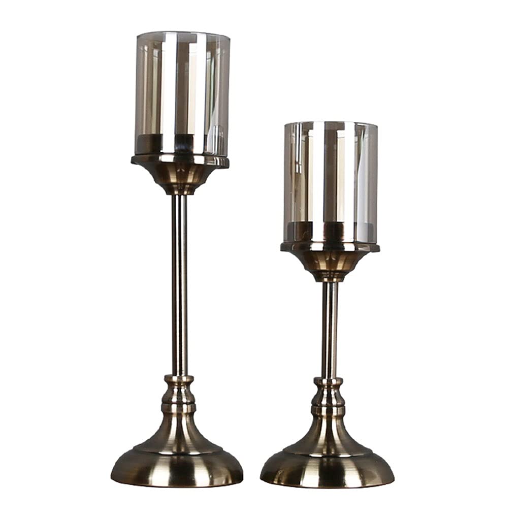 metal candlesticks, Modern Candle Holders Pillar Holder with Glass, Set of 2 Candlestick Home Decor Gifts, Candelabra for Wedding Party Table Centerpieces Decorative