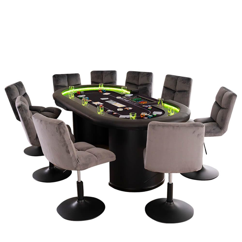 Home Deluxe Pokertisch mit 8 Stühlen Double UP LED Beleuchtung Getränkehalter 215x106x78 cm Hellgrau Spieltisch