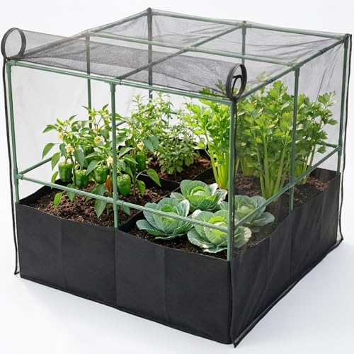 Plant Grow Bags with Support Metal Trellis & Insect Netting-90x90cm Fabric Grow Bag Vegetable Planter-Bird & Pest Proof Cage with Zippered Access-Crop Cage for Allotment & Patio