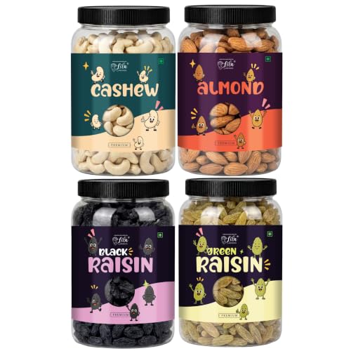 Image of LILA DRY FRUITS Mixed Dry Fruits Combo Pack Almonds Cashew Green and Black Raisin 250 Gms x 4