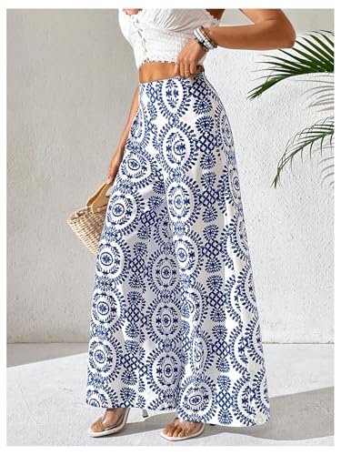 Floerns Women's Plant Straight Leg Pants Elastic High Waisted Summer Palazzo Trousers2