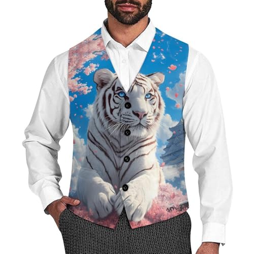 White Tiger Cherry Flower Men's Suit Vests Dress Vest V-Neck Waistcoat Slim Business Formal with Pocket