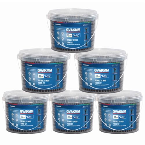 #6 ×1-1/4 inch Drywall to Wood Collated Screws – 6000 Count (6 Pack of 1000-Count Buckets), Black Coarse Thread Sheetrock Screws
