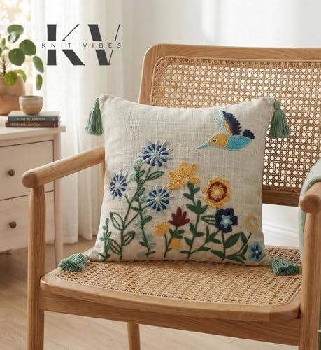 Image of Birds Flowers Embroidered Cushion Cover 16 x 16 Inches or 40x40 cms Cotton Fabric Cushion Covers for Sofa Set /Diwan Beds, Sofa Throw Pillow Cover Only, Set of 1 Pc
