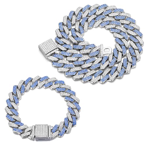 2 PCS Blue Iced Out Cuban Link Chain Cuban Diamond Chain Necklace Bracelet Bling Hip Hop Jewelry for Men Women