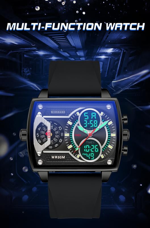 Image of Giordano Square Hybrid Analog-Digital Watch for Men - Triple Time Zone Display with Quartz Precision and Durable Sport Grade Silicone Strap - GZ-50161