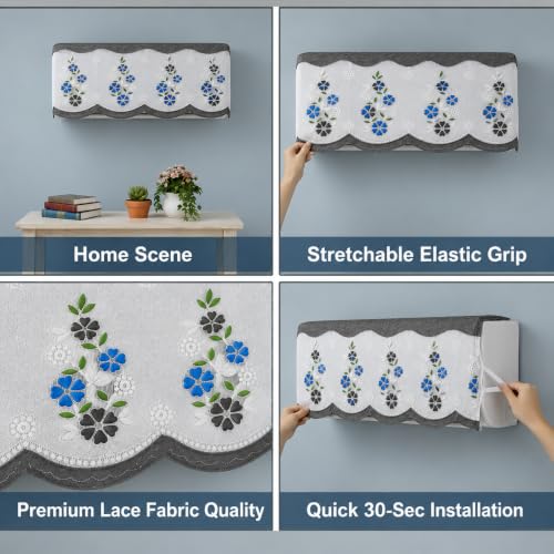 Image of Premium Cotton Net AC Cover for 1.5-2 Ton Split Air Conditioner | Dust Protection AC Indoor Unit Cover for Summer | Embroidered & Printed | Pack of 1 (Grey Flower)