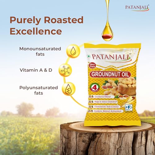 Image of Patanjali Groundnut Oil, Kacchi Ghani, Virgin, Unrefined, Cold pressed, Edible Oil for Cooking, Baking & Frying for Rich Flavour & Nutrition 750Gm Pouch