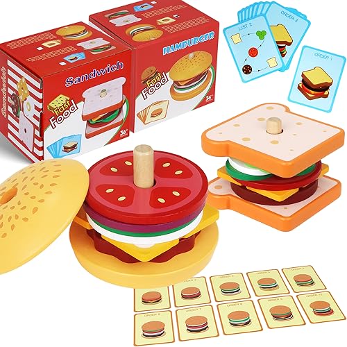 Image of Toddler Montessori Toys for 3 4 5 Year Old Boy Girl, Pretend Play Toy Fake Food for Ages 3-5 Kids Gifts, Stacking Wooden Building Blocks Educational Puzzles Games for Preschool Classroom (Set)