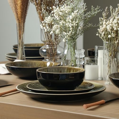 Image of Stone Lain Riley 24-Piece Dinnerware Set Stoneware, Plates and Bowls Set, Dishwasher and Microwave Safe, Dish Set for 8, Black and Green