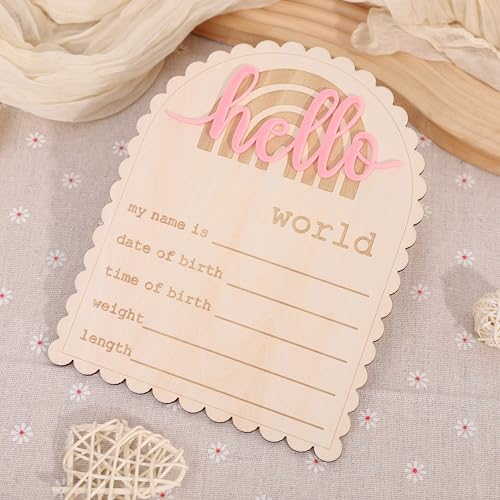 Image of Wooden inchHello World inch Baby Announcement Board - Newborn Birth Sign, Baby Shower Decor, Hospital Nursery Information Board, Baby Milestone Photo Prop, Gender Neutral Keepsake(Rainbow Bohemia)
