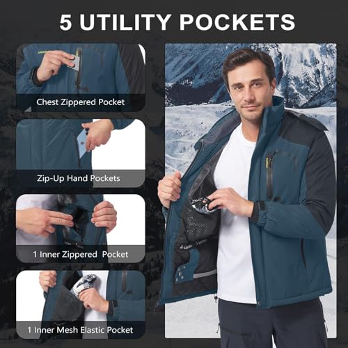 Image of Men's Winter Ski Jacket Waterproof Fleece Coat Warm Insulated Snowboard Jackets Parka Raincoat With Multi-Pockets